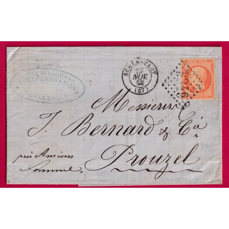 N°23 GC 3349 SCHELESTAT BAS RHIN POUR PROUZEL SOMME LETTRE COVER FRANCE
