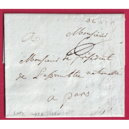 MARQUE BLAIN LOIRE INFERIEURE EN FRANCHISE RARE NON SIGNALE LENAIN N°1 INDICE 22 1790 POUR PARIS LETTRE COVER FRANCE