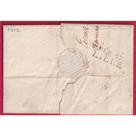 DEBOURSE 57 LILLE NORD MARQUE CONQUIS 91 OSTENDE BELGIQUE 1812 LETTRE COVER FRANCE