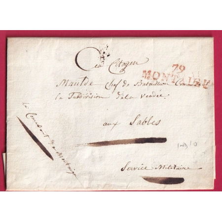 MARQUE 79 MONTAIGU VENDEE EN ROUGE FRANCHISE MILITAIRE LE CDT DE MONTAIGU LES SABLES D'OLONNE 1801 LETTRE COVER FRANCE
