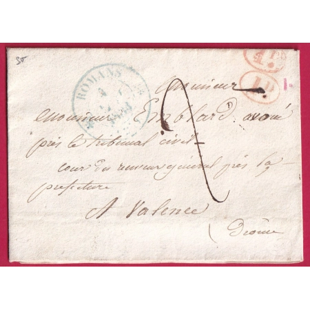 CAD TYPE 12 ROMANS DROME EN BLEU DECIME RURAL AU DOS T13 VALENCE EN ROUGE LETTRE COVER FRANCE