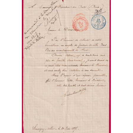 CAD POSTES ET TELEGRAPHE CABINET MINISTRE EN ROUGE + PERSONNEL 3EME SECTION BLEU PARIS TEXTE DE SOUVIGNY ALLIER