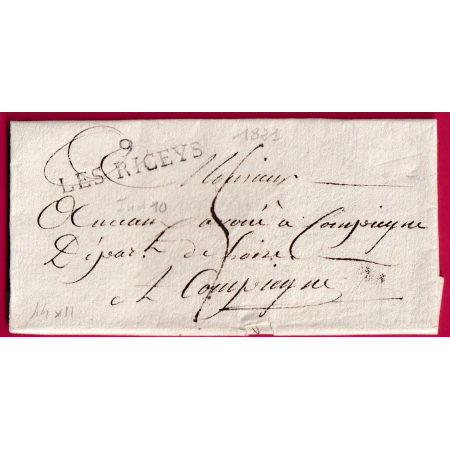 MARQUE 9 LES RICEYS AUBE 1821 POUR COMPIEGNE OISE INDICE 9 LETTRE COVER FRANCE