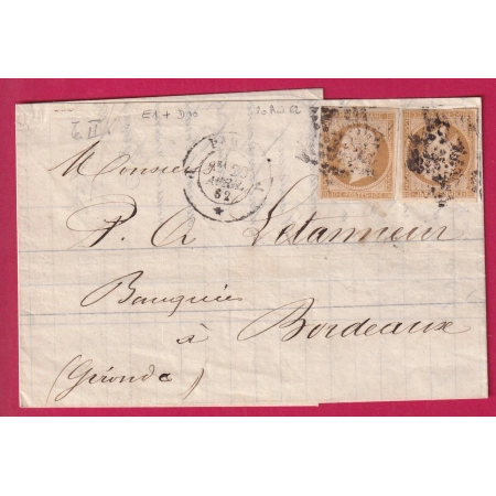 N°13B X2 PARIS J * J ETOILE PLEINE POUR BORDEAUX LETTRE COVER FRANCE