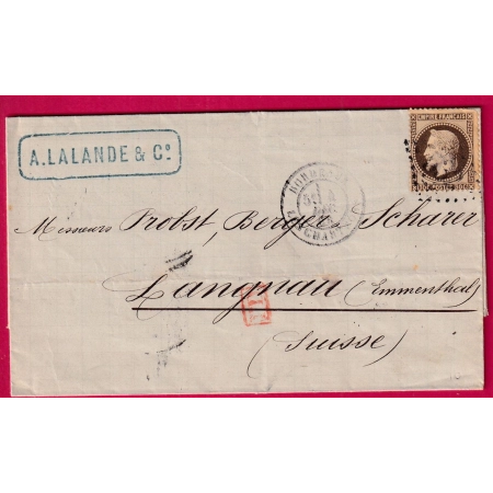 N°30 GC 532 BORDEAUX LES CHARTONS GIRONDE POUR LANGNAU SUISSE LETTRE COVER FRANCE