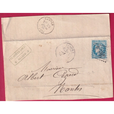 N°46B TTB GC 2268 NEVERS NIEVRE POUR NANTES DEVANT DE LETTRE COVER FRANCE