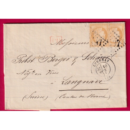 N°59 GC 1397 EPERNAY MARNE POUR LANGNAU SUISSE CHAMPAGNE MOET ET CHANDON LETTRE COVER FRANCE