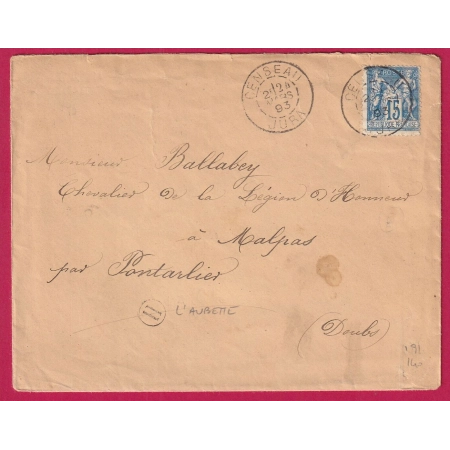 N°101 CENSEAU JURA BOITE RURALE H L'AUBETTE POUR MALPAS DOUBS LETTRE COVER FRANCE