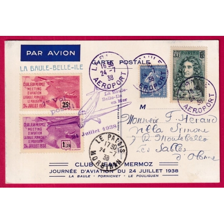 1ER VOL LA BAULE BELLE ILE EN MER CAD VIOLET LA BAULE AEROPORT 1938 LETTRE COVER FRANCE