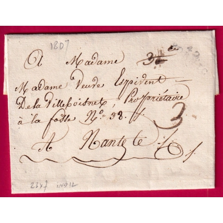 MARQUE 42 PORNIC LOIRE INFERIEURE 1807 23X7 INDICE 12 POUR NANTES MARQUE ARRIVEE SPECIAL LETTRE COVER FRANCE