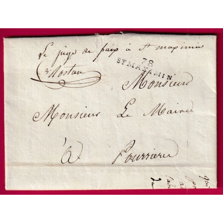 MARQUE 78 ST MAXIMIM VAR FRANCHISE LE JUGE DE PAIX POUR POURRIERES 1823 ENTETE JUGE ROYAL LETTRE COVER FRANCE