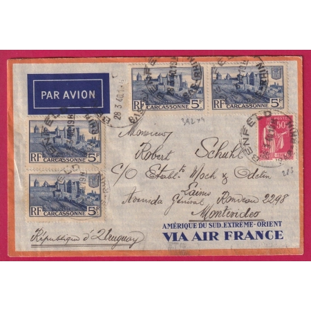 N°392 X4 283 BENFELD 1940 MONTEVIDEO URUGUAY PAR AVION AIR FRANCE LETTRE FRANCE