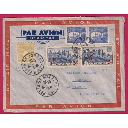 N°623 599 490 PARIS R DE PROVENCE 1944 BADIKAA COTE D'IVOIRE PAR AVION LETTRE COVER FRANCE