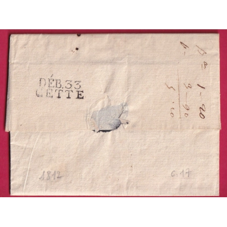 DEBOURSE 33 DEB CETTE HERAULT 1812 DEPART LE HAVRE SEINE INFERIEURE INDICE 16 LETTRE COVER FRANCE