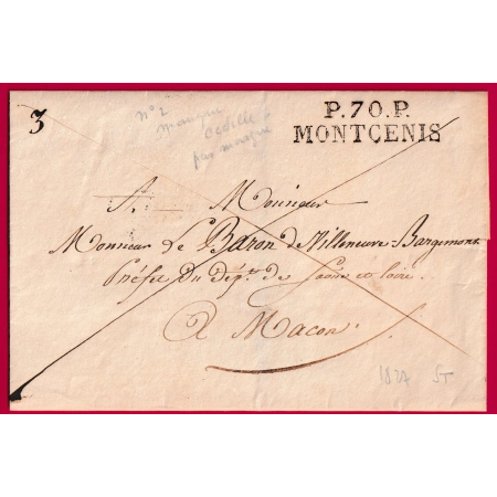MARQUE P70P MONTCENIS SAONE ET LOIRE 1827 POUR MACON INDICE 16 C SANS CEDILLE LETTRE COVER FRANCE