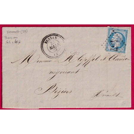 N°22 GC 457 BESSAN HERAULT CAD TYPE 22 POUR BEZIERS LETTRE COVER FRANCE