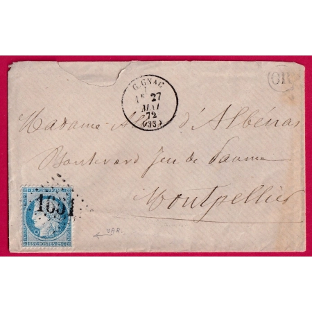 N°60 TRES BELLE VARIETE BOULE SOUS LE COU GC GIGNAC HERAULT POUR MONTPELLIER LETTRE COVER FRANCE