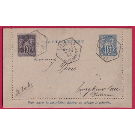 ENTIER SAGE + N°89 LEVEE EXCEPTIONNELLE PARIS R BONAPARTE LEVEE E1 POUR AUTRICHE JUNGBUNZLAU 1893 LETTRE COVER FRANCE