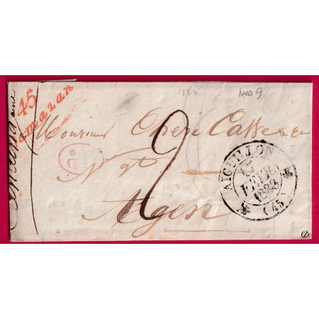 CURSIVE 45 DAMAZAN LOT ET GARONNE DECIME RURAL CAD TYPE 12 AIGUILLON 1833 INDICE 9 LETTRE COVER FRANCE