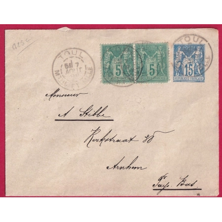 ENTIER SAGE + N°75 X2 DAGUIN JUMELE TOUL MEURTHE ET MOSELLE POUR ARNHEM PAYS BAS LETTRE COVER FRANCE