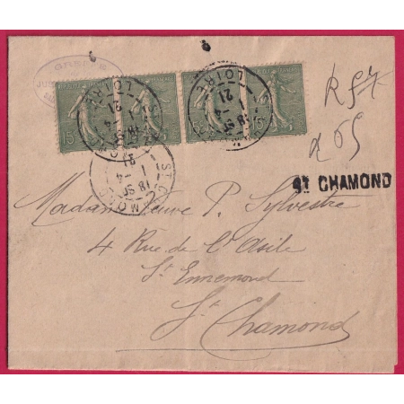 N°130 BANDE DE 4 RECOMMANDE PROVISOIRE LOCAL ST CHAMOND LOIRE POUR ST CHAMOND LETTRE FRANCE TYPE SEMEUSE LIGNEE