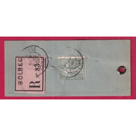 N°130 ETIQUETTE RECOMMANDE BOLBEC SEINE INFERIEURE POUR PARIS LETTRE FRANCE TYPE SEMEUSE LIGNEE