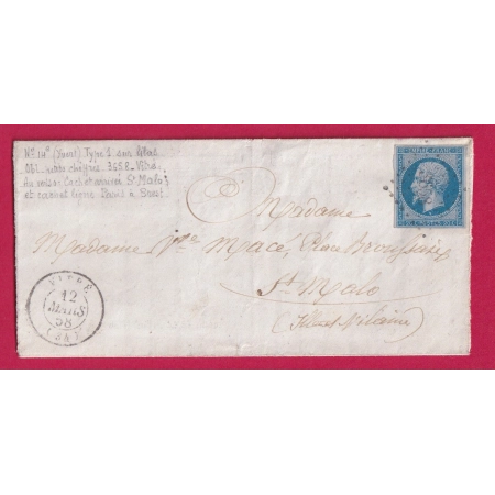 N°14e BLEU SUR LILAS PC 3658 VITRE ILLE ET VILAINE POUR ST MALO LETTRE COVER FRANCE