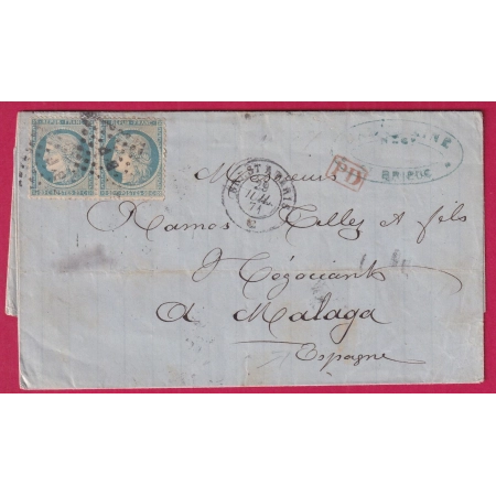 N°37 PAIRE AMBULANT BREST A PARIS POUR MALAGA ESPAGNE SPAIN 1871 DEPART ST BRIEUC COTES DU NORD LETTRE COVER FRANCE