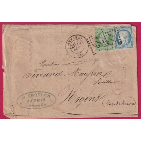N°20 + 37 GC 113 ANNONAY ARDECHE 10 SEPTEMBRE 1871 POUR NOGENT HAUTE MARNE LETTRE COVER FRANCE