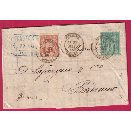 N°94 75 CAD TOULOUSE DEPART 1886 POUR BORDEAUX LETTRE COVER FRANCE