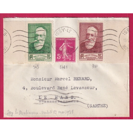 N°278B 343 380 ISSY LES MOULINEAUX 1938 POUR LE MANS SARTHE LETTRE COVER FRANCE