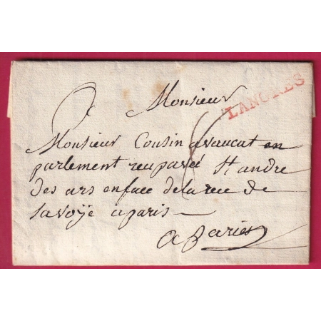 MARQUE LANGRES HAUTE MARNE EN ROUGE LENAIN N°4A 1777 POUR PARIS  LETTRE COVER FRANCE