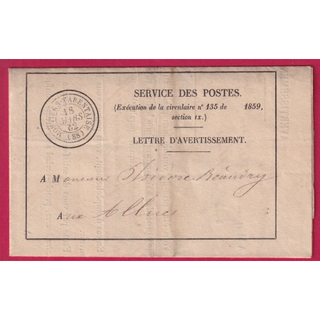 LETTRE AVERTISSEMENT LETTRES TAXEE MOUTIERS TARENTAISE SAVOIE 1862 POUR BRIDES LES BAINS LES ALLUES TYPE 22 COVER FRANCE