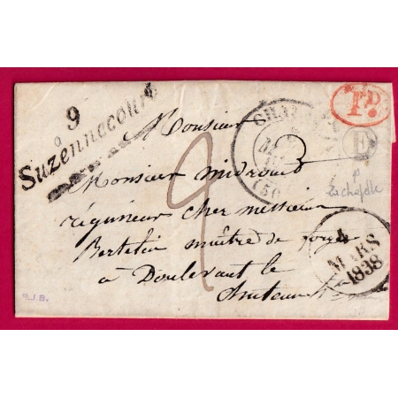 CURSIVE 9 SUZZENNECOURT SUZANNECOURT AUBE BOITE RURALE E LA CHAPELLE + DECIME RURAL DOULEVENT 1838 LETTRE COVER FRANCE