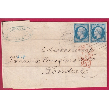 N°14 PAIRE ROULETTE POINTILLES FINS PARIS POUR LONDRES ANGLETERRE 1862 LETTRE COVER FRANCE