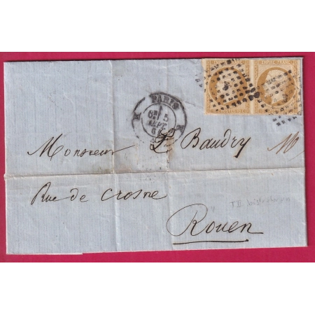 N°13B BISTRE BRUN PAIRE TTB PARIS LOSANGE RETAILLE K POUR ROUEN SEINE INFERIEURE LETTRE COVER FRANCE