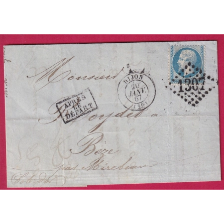 N°22 BELLE VARIETE TRES PETIT TIMBRE GC 1307 DIJON COTE D'OR POUR BEZE CAD TYPE 22 AU DOS LETTRE COVER FRANCE