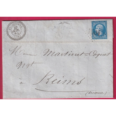 N°22 GC 1504 FEUQUIERES OISE CAD TYPE 22 BOITE RURALE A MOLIENS POUR REIMS MARNE ETIQUETTE PUB LETTRE COVER FRANCE