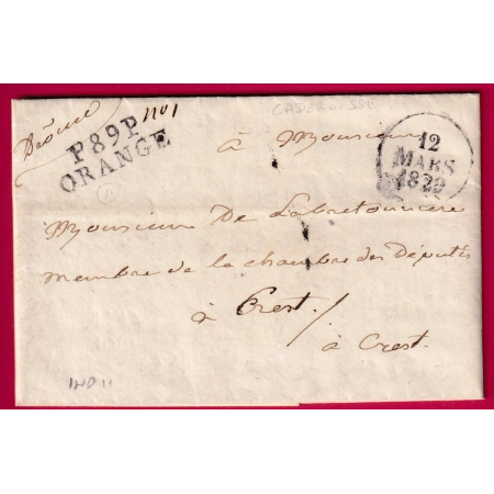 MARQUE P89P ORANGE VAUCLUSE 1829 POUR CREST DROME INDICE 11 LETTRE COVER FRANCE