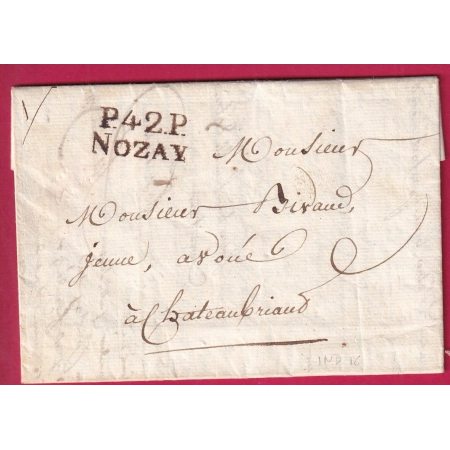 MARQUE P42P NOZAY LOIRE INFERIEURE  POUR CHATEAUBRIAND 1823 INDICE 16 BELLE TAXE 20C AU DOS LETTRE COVER FRANCE