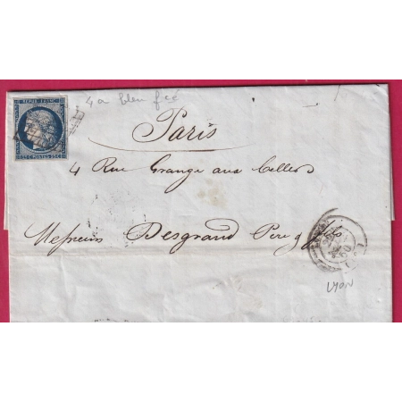 N°4 BLEU FONCE GRILLE DE LYON RHONE POUR PARIS 1850 LETTRE COVER FRANCE