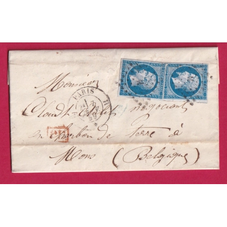 N°14 X2 PARIS BUREAU H POUR MONS BELGIQUE TEXTE LA GLACIERE 1859 LETTRE COVER FRANCE