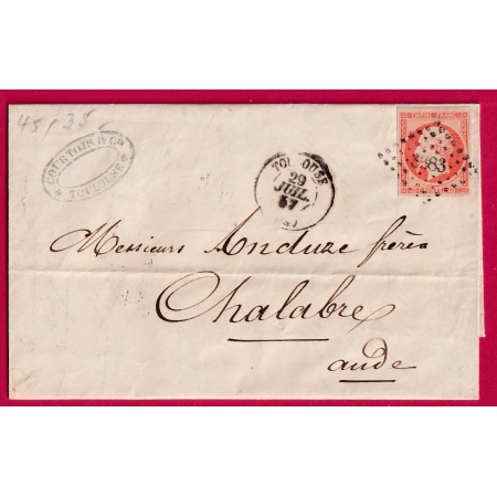 N°16 TTB PC 3383 TOULOUSE HAUTE GARONNE POUR CHALABRE AUDE LETTRE COVER FRANCE