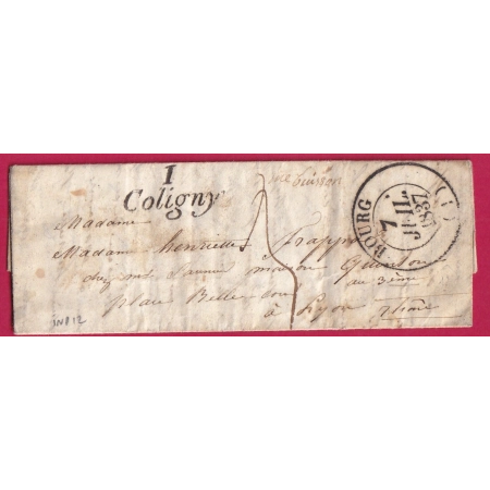 CURSIVE 1 COLIGNY AIN CAD TYPE 13 BOURG POUR LYON 1837 28mm INDICE 12 LETTRE COVER FRANCE