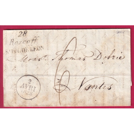 DOUBLE CURSIVE 28 ROSCOFF ST POL DE LEON FINISTERE INDICE 15 1828 POUR NANTES LETTRE FRANCE