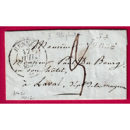 CURSIVE 34 JANZE ILLE ET VILAINE INDICE 12 POUR LAVAL MAYENNE 1839 LETTRE FRANCE
