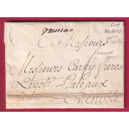 MARQUE MANUSCRIT VALREAS 1759 LENAIN N°1 INDICE 16 VAUCLUSE DROME POUR GRENOBLE ISERE LETTRE COVER FRANCE