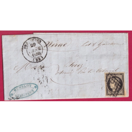 N°3 GRILLE CAD TYPE 14 PERIGUEUX DORDOGNE POUR NERAC LOT ET GARONNE 29 JANVIER 1850 LETTRE COVER FRANCE
