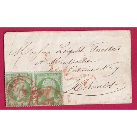 N°20 PAIRE CAD ROUGE IMPRIME PP PARIS 1865 POUR MONTPELLIER HERAULT LETTRE COVER FRANCE