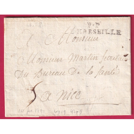 MARQUE PP MARSEILLE BOUCHES DU RHONE 1791 INDICE 19 POUR NICE ALPES MARITIMES LETTRE COVER FRANCE